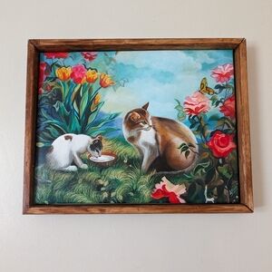 Original Cat Oil Painting With Flowers Drinking Milk in the Garden